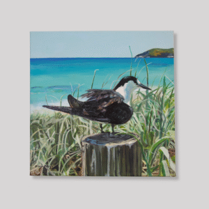Realistic acrylic painting of a sooty tern perched on a fence post with the ocean in the background, ideal for coastal wall art decor