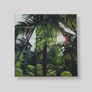 Acrylic painting of sunlight showing through coastal palm trees