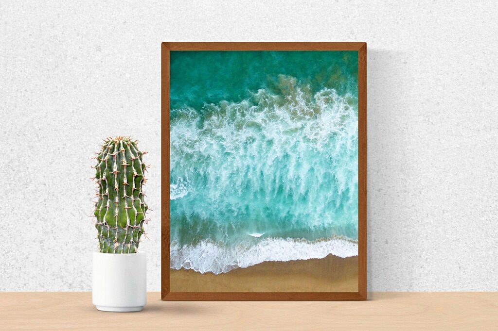 table, cactus, painting, frame, picture, sea painting, beach painting, waves, sea, surf, nature, foam, sand, water